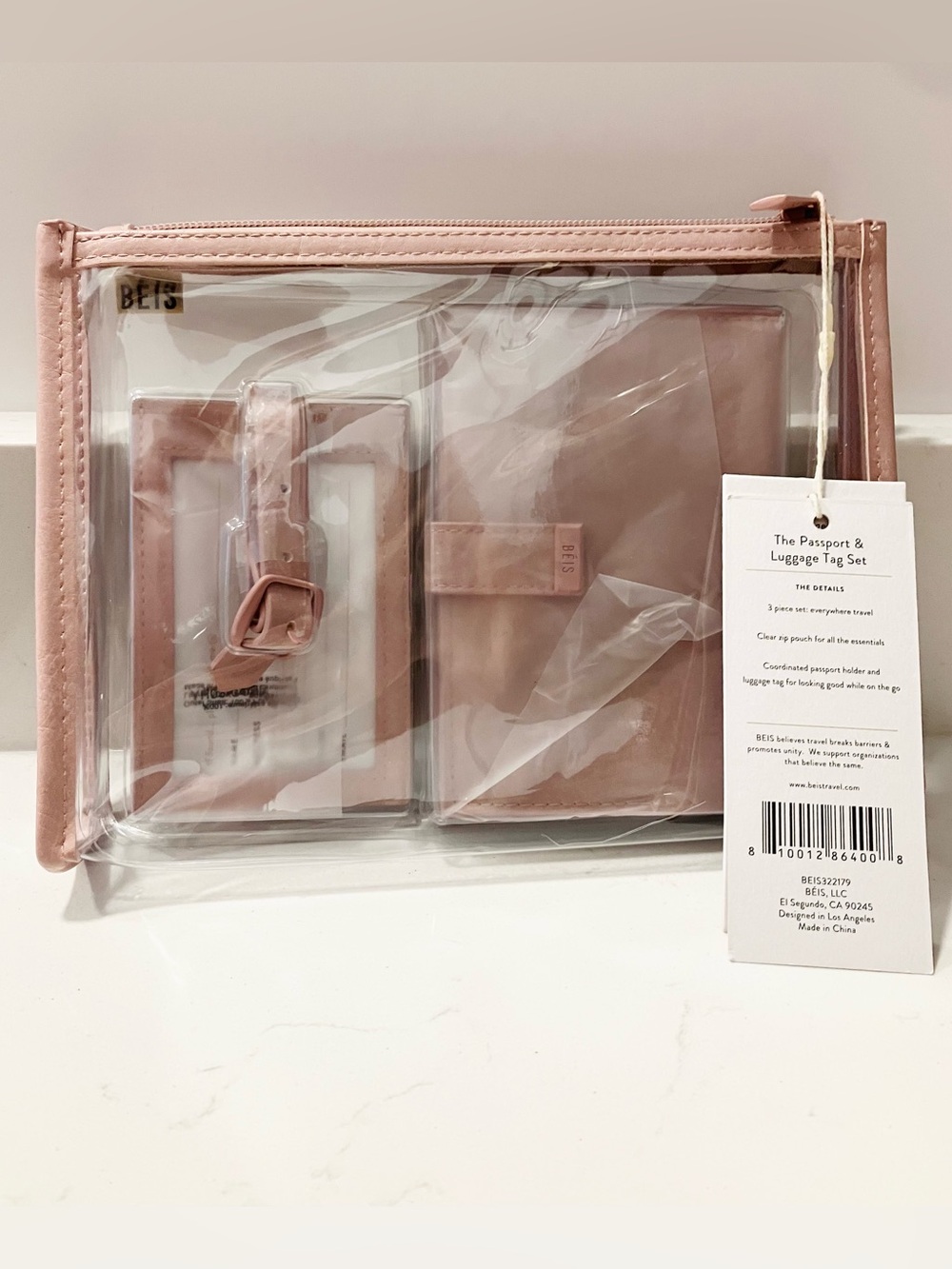 BÉIS NWT Passport & Luggage Tag Set Atlas Pink Mauve 3-Piece Travel Set